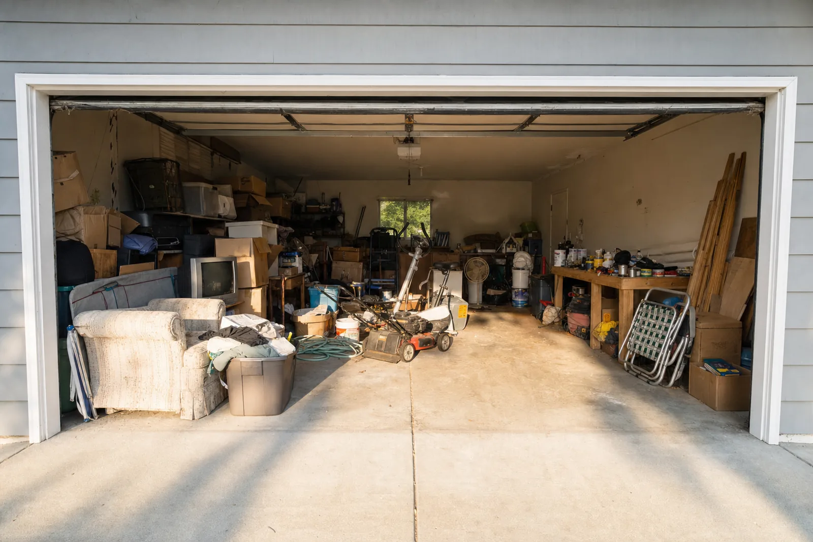 A two-car suburban garage packed wall to wall with old furniture, boxes and yard equipment before a Junkin' It cleanout