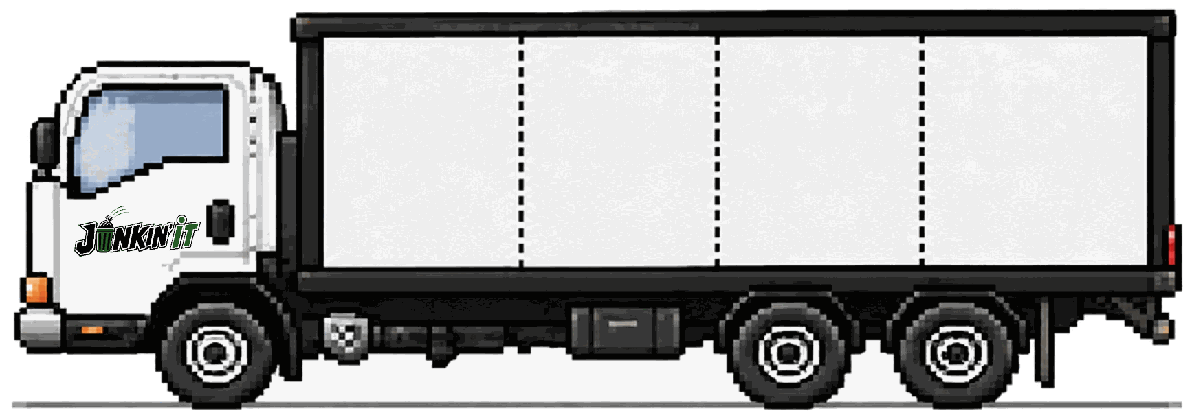 Side view of our 10-cubic-yard dump trailer, its bed marked off in quarter-load increments.